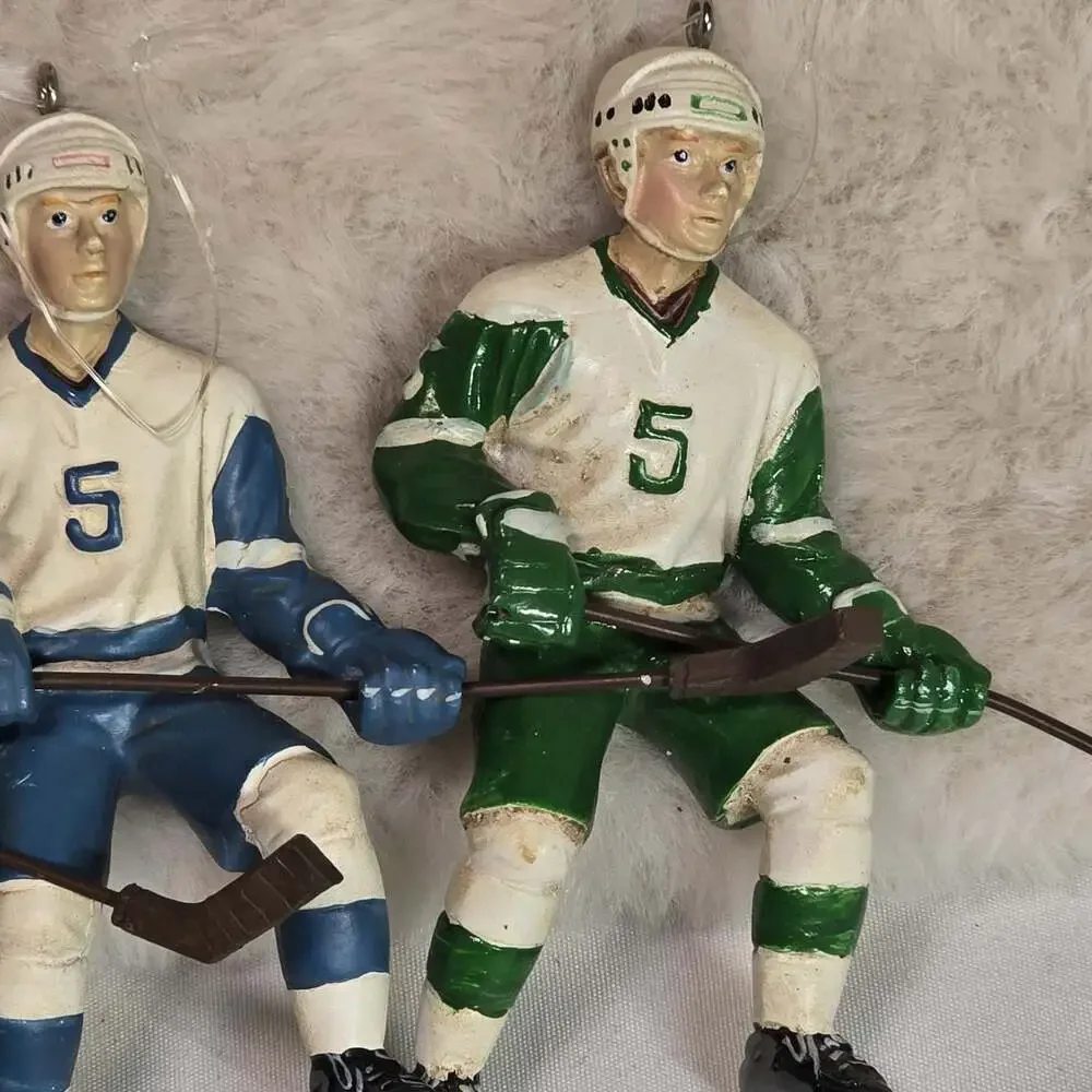 Lot of 3 Vintage Hockey Player Ornaments – Green & Blue Uniforms #5 Resin Figure